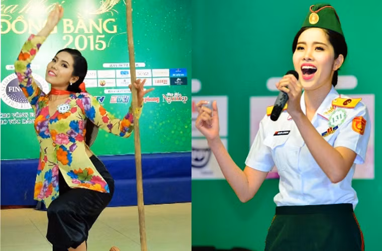 "Phiên chợ sông" qua phần biểu diễn múa của thí sinh Nguyễn Huỳnh Trúc Mai (bìa trái). Thí sinh Nguyễn Lệ Nam Em hào hùng qua ca khúc Sức sống Trường Sa (phải).