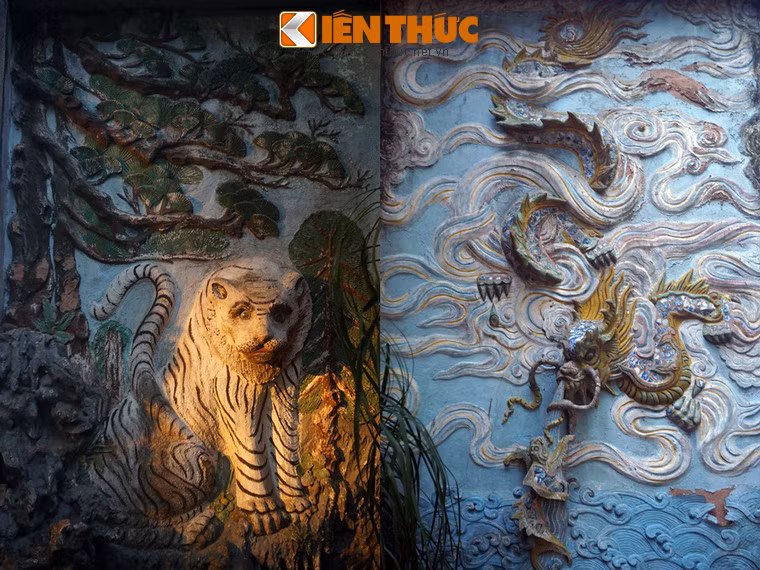 Tranh đắp nổi Bạch hổ, Thanh long hai bên nhà tiền tế.