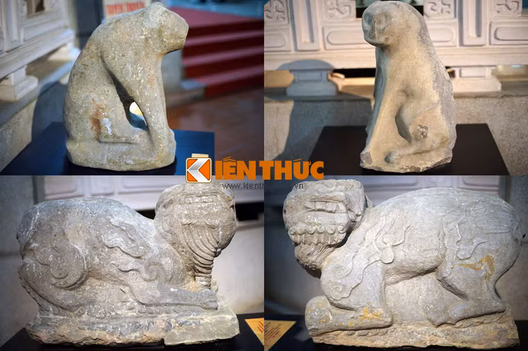 Tượng chó đá thời Lê Trung Hưng (trên trái), hổ đá thời Trần (trên phải), nghê đá thời Lê Trung Hưng (dưới). Chó là linh vật gần gũi với đời sống tâm linh của người Việt Nam, thường được tạc bằng đá trấn giữ trước cổng nhà hoặc cổng đình, đền, miếu... để cầu phúc, trừ tà. Một số nơi có tục thờ Chó. Hổ là loài vật được người Việt linh hóa, biểu trưng cho quyền uy và sức mạnh giống như sư tử. Hổ thường được đặt trấn giữ ở cổng các công trình kiến trúc cổ. Trong điện thờ Mẫu thường có ban thờ Ngũ Hổ tượng trưng cho Ngũ Hành, trấn giữ 5 phương.