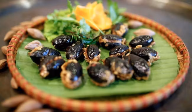 Cho 1/2 lít nước vào nồi đun sôi, nêm khoảng 3 thìa canh muối vào khuấy đều, nhấc ra khỏi bếp để nguội còn khoảng 75 độ, cho trám vào ngập nước, đậy vung để nguyên tại chỗ (còn gọi là om trám) và để hôm sau dùng. Trám mềm tay rồi vớt ra, bổ dọc thân quả lấy thịt, bỏ hột. Thịt xay nhỏ, mộc nhĩ, nấm hương rửa sạch băm nhỏ, thêm một chút hành khô đập dập. Trộn đều tất cả các nguyên liệu, nêm một chút gia vị. Nhồi hỗn hợp thịt đã trộn vào quả trám và xếp ra đĩa.