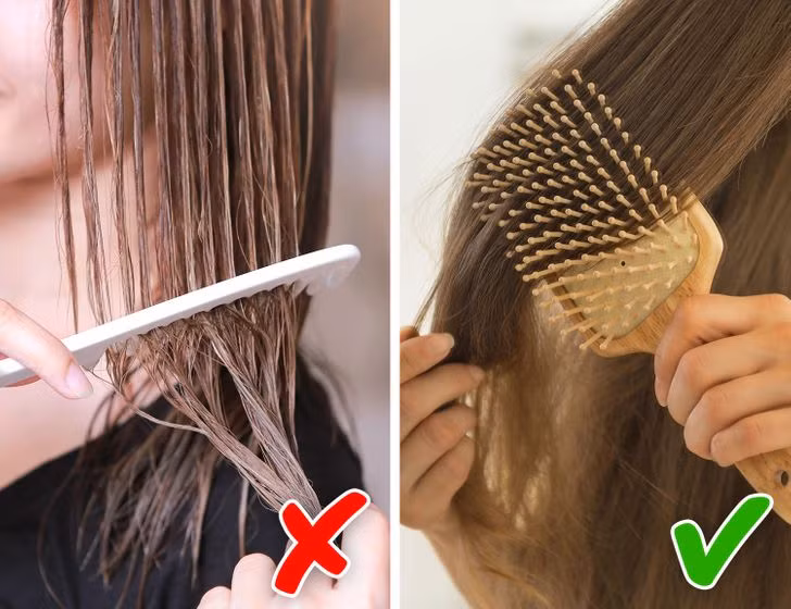 Tránh chải tóc khi ướt: Chải tóc, tạo kiểu tóc ngay sau khi vừa gội đầu có thể gây hại đáng kể cho tóc. Thường xuyên làm việc này có thể dẫn tới rụng tóc và hói đầu. Bạn nên đợi tóc khô rồi dùng lược răng thưa chải tóc nhẹ nhàng.