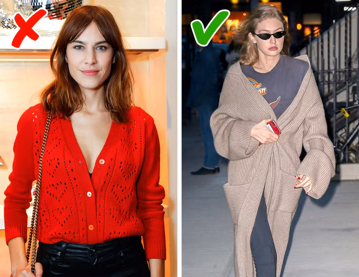 Cardigan làm bằng vải mỏng: Trang phục cardigan vải mỏng khiến bạn trông già rặn hơn. Vì vậy, hãy thay thế bằng các loại cardigan chất len dày dặn hơn.