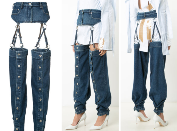 Chiếc quần jeans hở mông này gồm 2 ống chân được nối với phần bụng bằng dây đai ở phía trước hoặc có thể có cả phía sau.