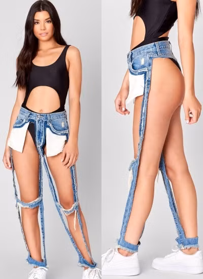 Những kiểu quần jeans hở mông được thiết kế tiết kiệm vải hết mức có thể. Ngoài phần khung ở eo, đầu gối và dọc 2 bên chân ra thì chiếc quần này chẳng hề còn thêm chút vải nào.