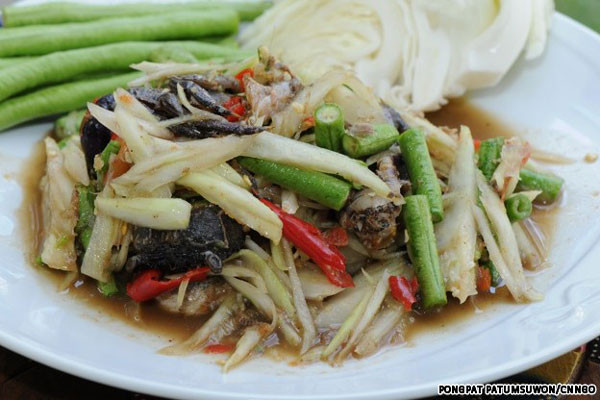 Gỏi đu đủ Som Tam Pla-Ra: Nếu như Som Tam là món gỏi đu đủ nổi tiếng của người Thái, thì Som Tam Pla-Ra có nghĩa là gỏi đu đủ ăn cùng một loại cá được lên men có tên Pla-Ra. Món ăn bị liệt vào danh sách đặc sản “nặng mùi” của Thái cũng bởi mùi vị của loại cá lên men này.