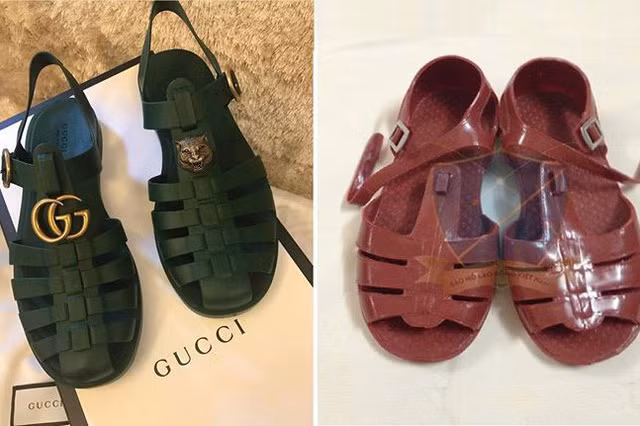 Trước đây, không ít lần Gucci bị ném đá không thương tiếc vì bán hàng hóa bình thường với giá đắt đỏ. Hãng này từng ra mắt mẫu sandal giống hệt đôi dép rọ của Việt Nam có giá lên tới 11 triệu đồng. Hình ảnh thực tế từ mẫu sandal cao cấp đặt cạnh mẫu dép nhựa của Việt Nam. Ảnh: We25.