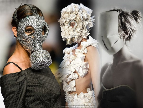 Ngoài kiểu dáng bình thường, các nhà mốt cũng lấy phom mặt nạ phòng độc ấn tượng như mặt nạ được phủ bằng ren, sequin và hoa vào năm 2013.