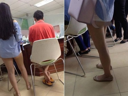 Cô gái đi ngân hàng mặc chiếc quần short ngắn đến nỗi hơn nửa phần mông hiện ra trước mặt mọi người.