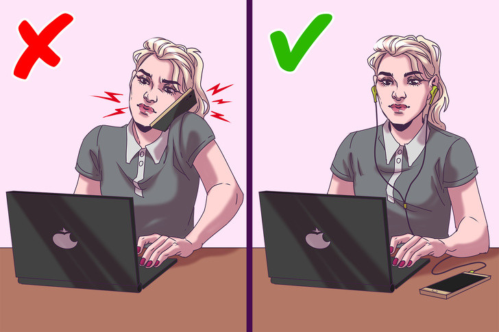 Bạn không sử dụng tai nghe khi làm việc: Đôi khi có quá nhiều phiền nhiễu trong khi bạn làm việc chăm chỉ ngồi làm việc. Các chuyên gia khuyên bạn nên sử dụng tai nghe khi nói chuyện điện thoại. Vì ở tư thế bình thường bạn vẫn có thể nghe điện thoại, như vậy có thể duy trì tư thế đúng cho dầu và giảm đau lưng, đặc biệt nếu bạn thường xuyên phải dùng điện thoại. Ảnh: BS. Mời độc giả xem video "Dễ ngộ độc chì từ thói quen hàng ngày". Nguồn: VTC14.