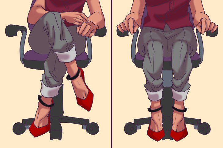 Ngồi bắt chéo chân: Có rất nhiều nghiên cứu cho rằng ngồi bắt chéo chân khi làm việc tại bàn là có hại. Các bác sĩ nói rằng nó thậm chí có thể dẫn đến tình trạng huyết áp cao. Thay vào đó, bạn có thể cố gắng thực hiện một số bài tập mỗi khi bạn cảm thấy muốn bắt chéo chân.