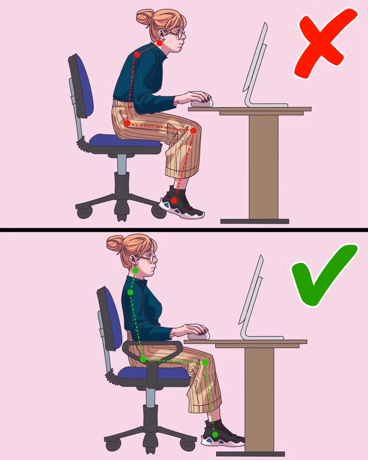 Không đặt chân lên mặt đất: Khi ngồi, đầu gối và bàn chân cũng cần được thả lỏng, thư giãn. Bạn nên đặt chân xuống sàn thay vì kê, gác chân. Ngoài ra, nếu mang giày cao gót bạn nên tháo bỏ chúng khi không cần thiết để hạn chế áp lực lên xương.