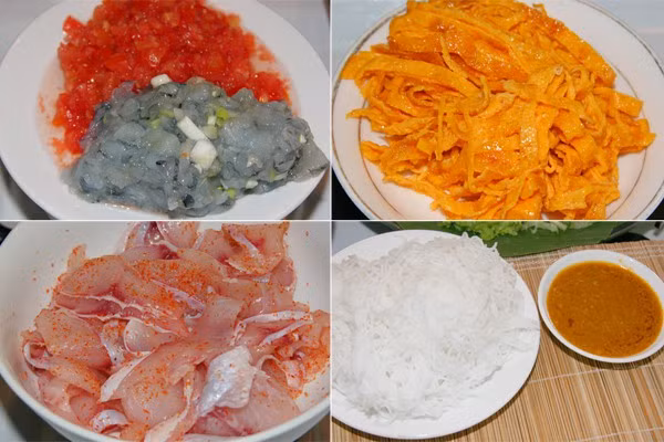 Tất cả các nguyên liệu thường được thái sợi và cho riêng biệt vào từng đĩa, sau đó sắp trên bàn ăn xung quanh đĩa cá thái mỏng tạo hình một bông hoa ẩm thực hấp dẫn.