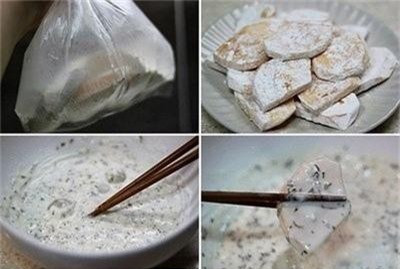 3. Bánh hồng chiên. Nguyên liệu làm bánh hồng chiên gồm: Trái hồng giòn, bột mì, bột chiên giòn, rau mùi tây, chút muối.