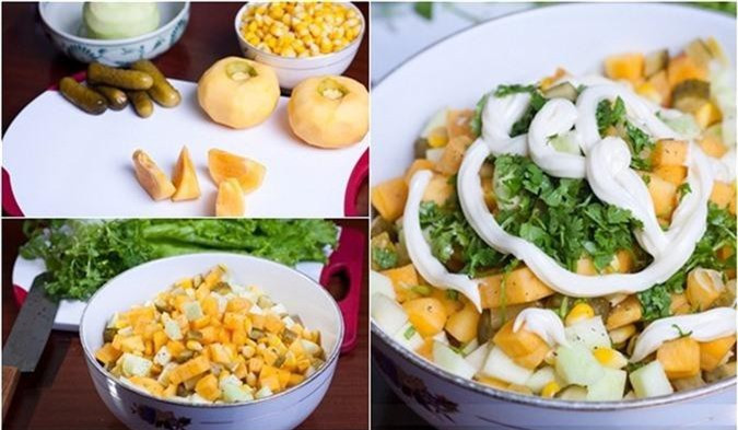 Cách làm salad quả hồng như sau: Hồng gọt vỏ rửa sạch, gọt bỏ vỏ, ngâm vào nước muối. Trước khi trộn salad thì thái hạt lựu. Táo xanh gọt bỏ vỏ, xắt hạt lựu. Tương tự với dưa chuột bao tử cũng vậy. Ngô ngọt tách hạt, đem luộc qua 1 lần rồi để ráo. Các loại rau còn lại rửa sạch, thái nhỏ.