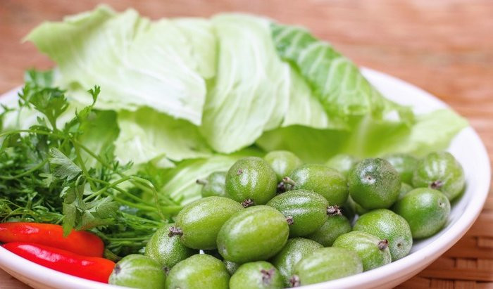 Nhót xanh cuộn bắp cải chấm chẩm chéo chắc chắn sẽ khiến ai nấy đều phải xuýt xoa bởi vị chua của nhót, vị cay nồng của gia vị hòa quyện với nhau.