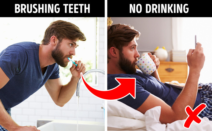 Ăn uống sau khi đánh răng: Bạn có thể ăn, uống sau khi đánh răng vào buổi sáng. Tuy nhiên, mùi hương của kem đánh răng nên là hương vị cuối cùng đọng lại khoang miệng vào cuối ngày.