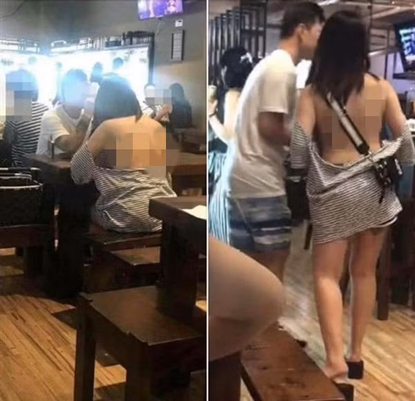Cô gái trẻ ở Trung Quốc khiến tất cả mọi người trong nhà hàng sốc vì diện một chiếc áo hết sức kỳ quặc. Không rõ chiếc áo này là kiểu dáng cổ rộng hay trễ vai nhưng bên trong cô nàng còn không hề mặc áo lót hay đồ bảo hộ gì cả.