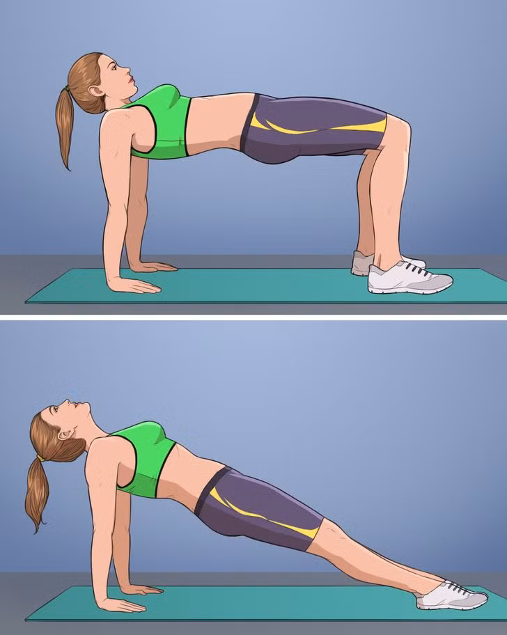 Tư thế tấm ván ngược: Bắt đầu bằng tư thế ngồi, hai tay chống phía sau lưng, nâng cao người sao cho cánh tay vuông góc với thân người tạo góc 90 độ. Giữ trong vài nhịp thở rồi trở về tư thế chuẩn bị. Lặp lại động tác 10 lần.