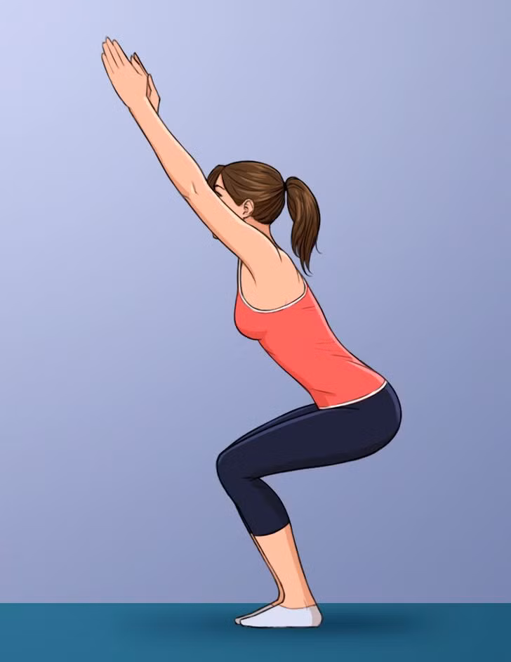 Tư thế cái ghế: Đứng thẳng, hai chân cách nhau 10 cm, hạ thấp trọng tâm tạo tư thế như đang ngồi trên ghế, hai tay đưa cao lên đầu, giữ cho cột sống trên một đường thẳng, giữ trong vài nhịp thở. Lặp lại động tác 10 lần.