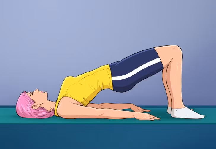 Tư thế cây cầu: Nằm ngửa, lòng bàn chân đặt trên thảm, hai chân gập, hai tay duỗi thẳng, lòng bàn tay úp xuống thảm. Nâng cao thân mình khỏi mặt thảm, giữ trong vài nhịp thở. Lặp lại 10 lần.