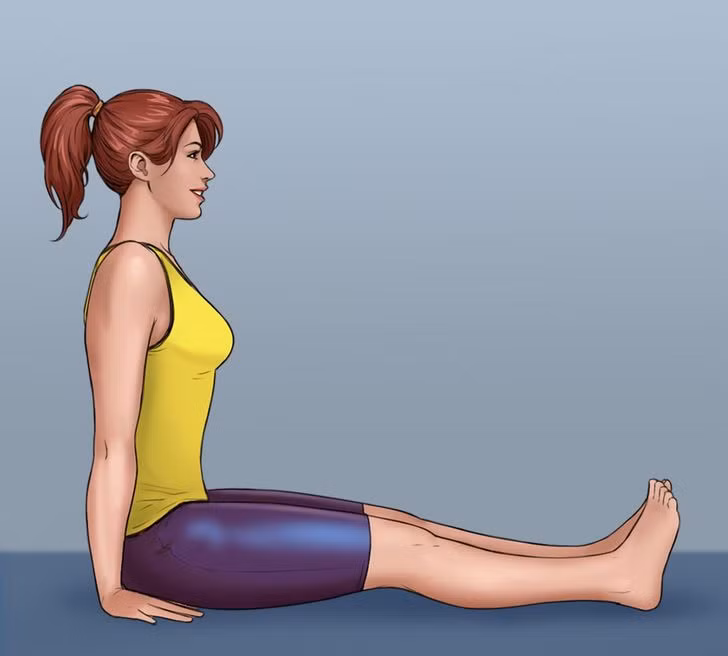 Tư thế ngồi thẳng lưng: Ngồi trên sàn với tư thế thẳng lưng và hai chân duỗi thẳng trước mặt, hai tay chống xuống sàn đặt sát bên hông. Giữ thẳng lưng, hít thở sâu, giữ nguyên tư thế trong 7 phút. Tư thế yoga này giúp giảm đau lưng hiệu quả và hỗ trợ xương chắc khỏe.