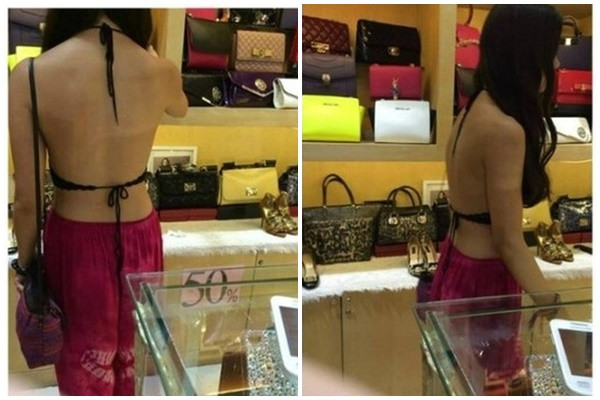 Cô gái mặc hở hang quá đà giống như đang đi biển hơn là đi mua sắm.
