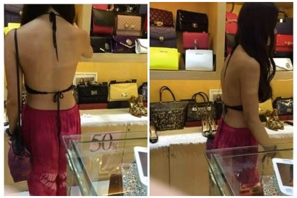 Cô gái mặc hở hang quá đà giống như đang đi biển hơn là đi mua sắm.
