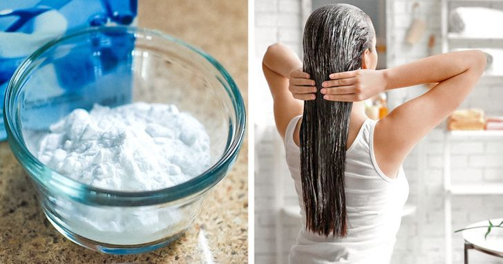 Baking soda là nguyên liệu thay thế dầu gội giúp tóc sạch tự nhiên, có thể loại bỏ da chết, gàu, bụi bẩn và giảm tiết dầu thừa, giúp da đầu không còn bong tróc. Trộn một thìa baking soda với một cốc nước, cho vào bình xịt, lắc đều cho hỗn hợp tan rồi xịt lên tóc và gội đầu.