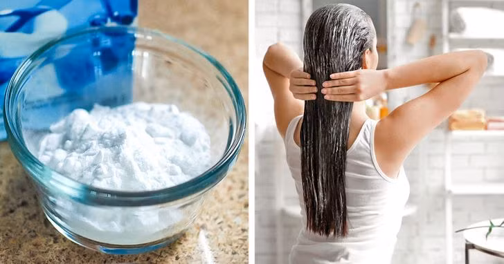 Baking soda là nguyên liệu thay thế dầu gội giúp tóc sạch tự nhiên, có thể loại bỏ da chết, gàu, bụi bẩn và giảm tiết dầu thừa, giúp da đầu không còn bong tróc. Trộn một thìa baking soda với một cốc nước, cho vào bình xịt, lắc đều cho hỗn hợp tan rồi xịt lên tóc và gội đầu.