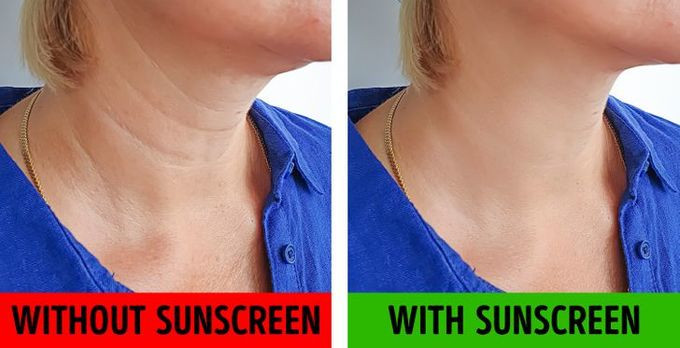 Thoa kem chống nắng mỗi ngày: Ánh nắng mặt trời là tác nhân chính gây ra lão hóa da, hình thành nếp nhăn và tình trạng chảy xệ. Bạn nên thoa kem chống nắng mỗi ngày cho cả da mặt và cổ để bảo vệ và giúp da săn chắc hơn.