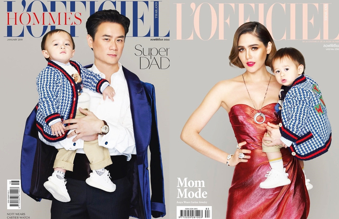 Người đẹp diện đầm đỏ cúp ngực sexy chụp hình cùng chồng tỷ phú và hai cậu con trai dễ thương.