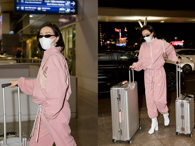 Nữ diễn viên Diệu Nhi đeo khẩu trang, kính râm kín mít và mang theo nước rửa tay sát khuẩn để phòng Covid-19 trong chuyến công tác Hàn Quốc hồi tháng 2.