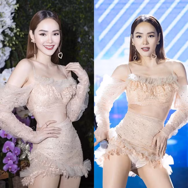 Chiếc váy ren của Minh Hằng ngắn tới mức khiến cô lộ cả nội y khi biểu diễn.