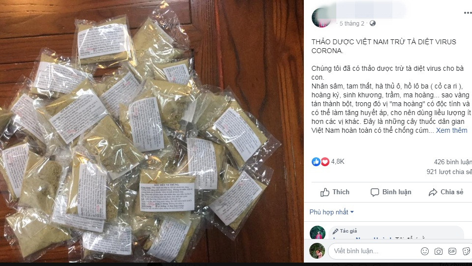 Thuc hu loai thao duoc tru ta, diet virus corona quang cao ram ro tren Facebook