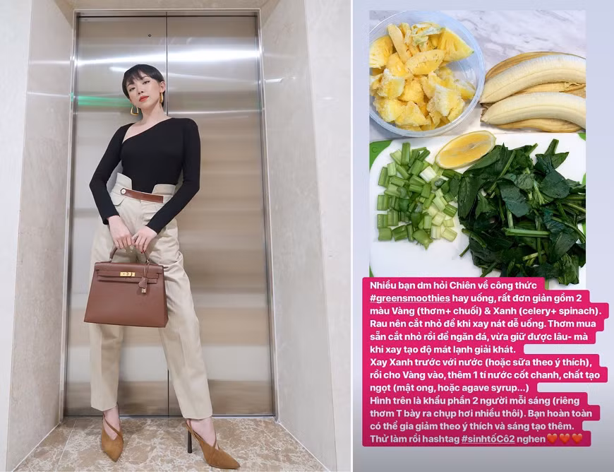 Tóc Tiên thường làm sinh tố xanh bao gồm: dứa, chuối chín, cần tây, rau chân vịt cùng chút nước cốt chanh và mật ong. Hỗn hợp này giúp cải thiện hệ tiêu hóa, thanh lọc cơ thể, góp phần chuyển hóa chất béo.