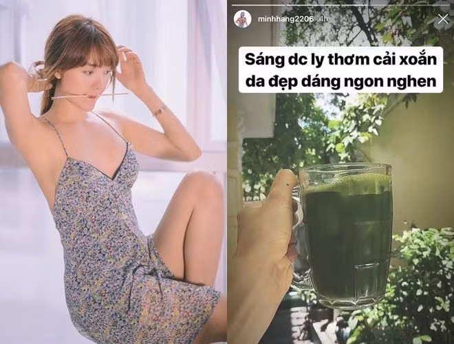 Trong khi đó, Minh Hằng lại chọn nước ép cải xoăn để dưỡng da và giữ dáng. Cải xoăn chứa chống oxy hóa dồi dào không chỉ làm giảm nguy cơ lão hóa mà còn tăng độ đàn hồi, từ đó giúp duy trì vẻ ngoài trẻ trung, tươi tắn.