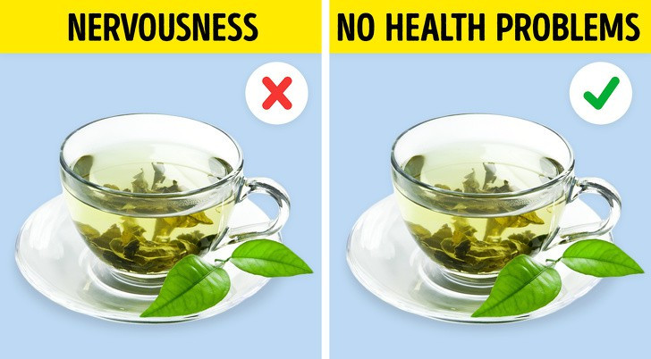 Trà xanh: Cùng với caffeine, trà xanh chứa các chất kích thích như theobromine và theophylline có thể gây nhịp tim nhanh và cảm giác căng thẳng và lo âu.