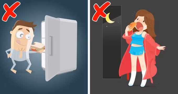 Ăn tối muộn: Các nghiên cứu cho rằng bạn nên tránh ăn muộn nếu không muốn tăng cân. Khi bạn ăn muộn, cơ thể chắc chắn sẽ lưu trữ những calo đó dưới dạng chất béo thay vì đốt cháy chúng. Một bữa ăn nhẹ vào buổi tối có thể chấp nhận, nhưng hãy cố gắng tránh xa đồ ăn trước khi đi ngủ.