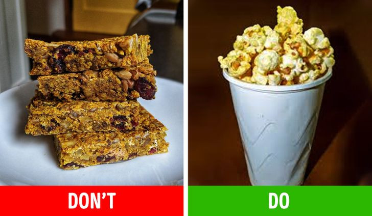 Các thanh ngũ cốc dinh dưỡng granola tiện lợi nhưng thường chứa nhiều đường, muối, dầu, chất bảo quản. Nếu không có thời gian tự làm granola cho các bữa ăn nhẹ, bạn có thể thay thế bằng bỏng ngô. Bỏng ngô chứa hàm lượng chất xơ cao, lượng calo vừa phải. Tuy nhiên, khi nổ bỏng nên hạn chế tối đa các loại gia vị như bơ, muối, bột phomai...