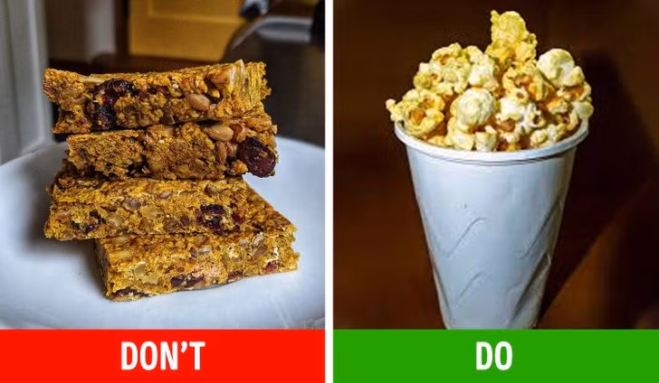 Các thanh ngũ cốc dinh dưỡng granola tiện lợi nhưng thường chứa nhiều đường, muối, dầu, chất bảo quản. Nếu không có thời gian tự làm granola cho các bữa ăn nhẹ, bạn có thể thay thế bằng bỏng ngô. Bỏng ngô chứa hàm lượng chất xơ cao, lượng calo vừa phải. Tuy nhiên, khi nổ bỏng nên hạn chế tối đa các loại gia vị như bơ, muối, bột phomai...