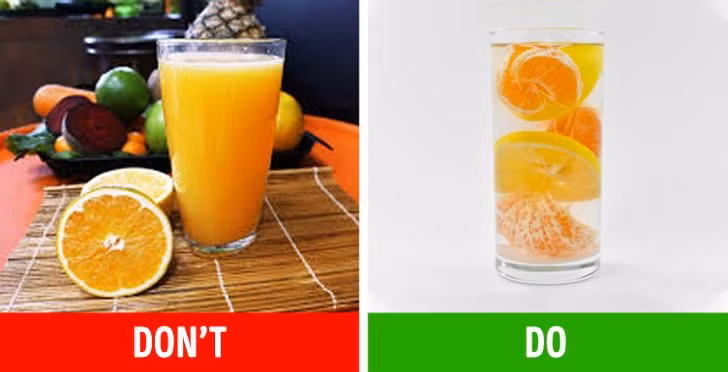 Nước ép hoa quả chứa rất ít chất xơ nên chúng chỉ có thể giải quyết cơn khát mà không làm bạn thấy no bụng. Thay thế việc uống nước ép bằng ăn trái cây nguyên miếng sẽ giúp bạn nhanh no hơn vì chúng có kèm chất xơ.