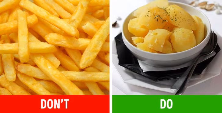 Khoai tây chiên: Món ăn vặt này chứa nhiều chất béo xấu, muối, ảnh hưởng đến hormone làm nhiệm vụ phát ra tín hiệu no cho cơ thể. Tương cà ăn kèm cùng khoai tây chiên cũng chứa hàm lượng cao đường fructose, các chất điều vị... làm bạn thấy ngon miệng mà quên đi cảm giác no. Nếu đang đặt mục tiêu giảm cân, bạn nên thay thế bằng khoai tây luộc, nhanh no bụng và không bị tăng thêm calo từ gia vị, dầu mỡ.