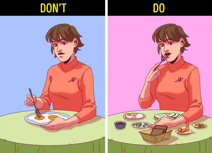 Có nhiều loại thực phẩm trong bữa ăn: Để tránh ăn quá nhiều, tốt hơn là nên có nhiều loại thực phẩm khác nhau cho một bữa ăn nhưng chỉ đựng trong các đĩa nhỏ. Một ví dụ điển hình có thể là bữa sáng kiểu Thổ Nhĩ Kỳ, với rất nhiều đĩa nhỏ và nhiều loại thực phẩm.