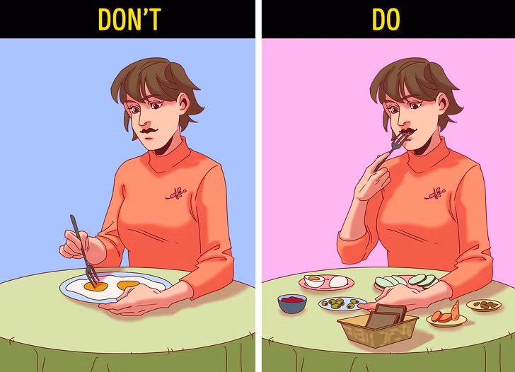 Có nhiều loại thực phẩm trong bữa ăn: Để tránh ăn quá nhiều, tốt hơn là nên có nhiều loại thực phẩm khác nhau cho một bữa ăn nhưng chỉ đựng trong các đĩa nhỏ. Một ví dụ điển hình có thể là bữa sáng kiểu Thổ Nhĩ Kỳ, với rất nhiều đĩa nhỏ và nhiều loại thực phẩm.