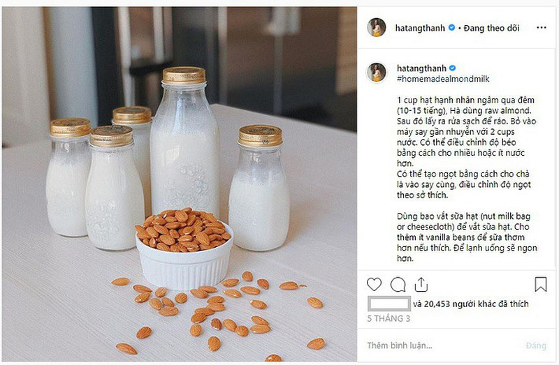 Tăng Thanh Hà còn chia sẻ công thức làm sữa hạnh nhân cho cả gia đình thưởng thức. Thức uống này giàu dinh dưỡng nhưng có hàm lượng calo thấp, dễ tiêu hóa, phù hợp với những người giảm cân, ăn kiêng giữ dáng. Mời độc giả theo dõi video "Bí quyết làm đẹp của sao Việt". Nguồn: VTC.