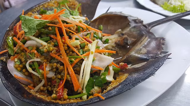 Yum Khai Maeng Da: Món salad này sử dụng cua móng ngựa, một sinh vật cổ xưa có hình thù rất kỳ dị. Phần có thể ăn được là trứng của nó, do đó người ta trộn trứng với xoài và gia vị. Nhìn chung hương vị được nhiều người đánh giá là rất ngon.
