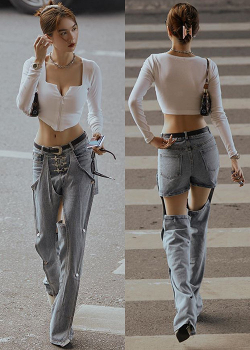 Vốn theo đuổi phong cách thời trang hở bạo, Ngọc Trinh không ngại thử những xu hướng mới lạ ít người dám mặc. Mới đây, nữ hoàng nội y xuống phố với chiếc quần jeans độc lạ vô cùng.