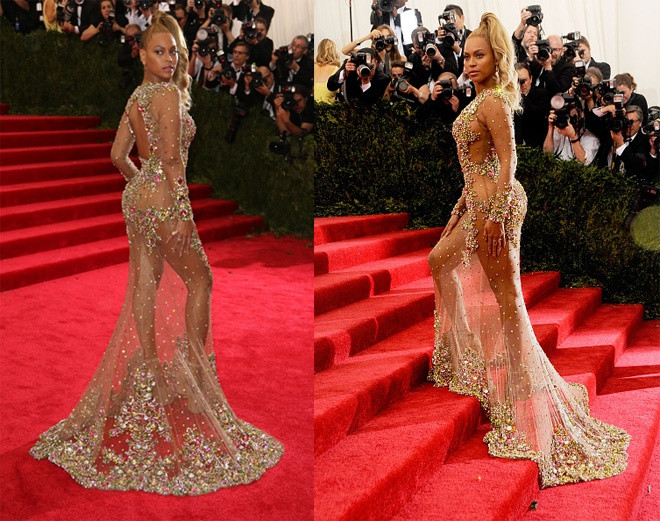 Beyonce khiến những ai có mặt tại thảm đỏ Met Gala 2015 phải đỏ mặt với một thiết kế xuyên thấu táo bạo, hầu như để lộ toàn bộ cơ thể ngoại trừ vùng kín.
