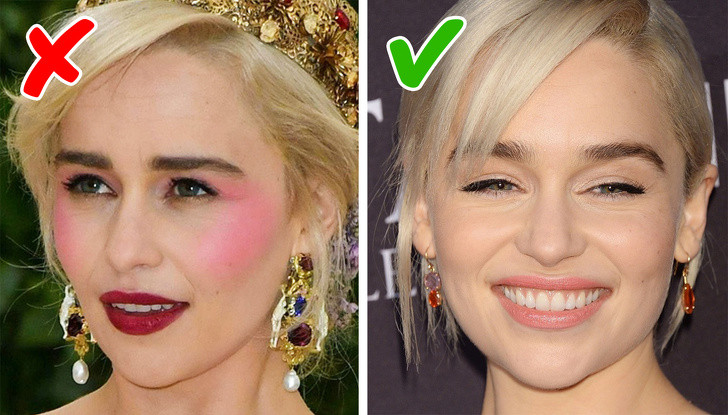Tránh mắc lỗi sai giống như layout makeup của Emilia Clarke ở bức hình bên trái, điều này sẽ làm tổng thể gương mặt bạn trông rời rạc, thậm chí là lố bịch.