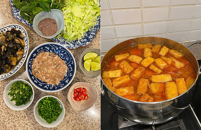 Tăng Thanh Hà nấu bún riêu ốc bằng loại ốc to (ốc nhồi) thay vì ốc vặn như nhiều nơi. Trên thực tế, người Hà Nội thường có thói quen ăn bún ốc to, vị giòn ngon, sần sật. Nữ diễn viên đặt mua nguyên liệu online, tiện lợi, đặc biệt là phù hợp lúc dịch bệnh này.